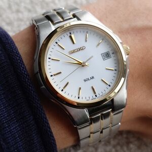 Seiko Solar V157-0AG0 JDM Watch Two Tone Textured Dial 38mm Men's Watch Working